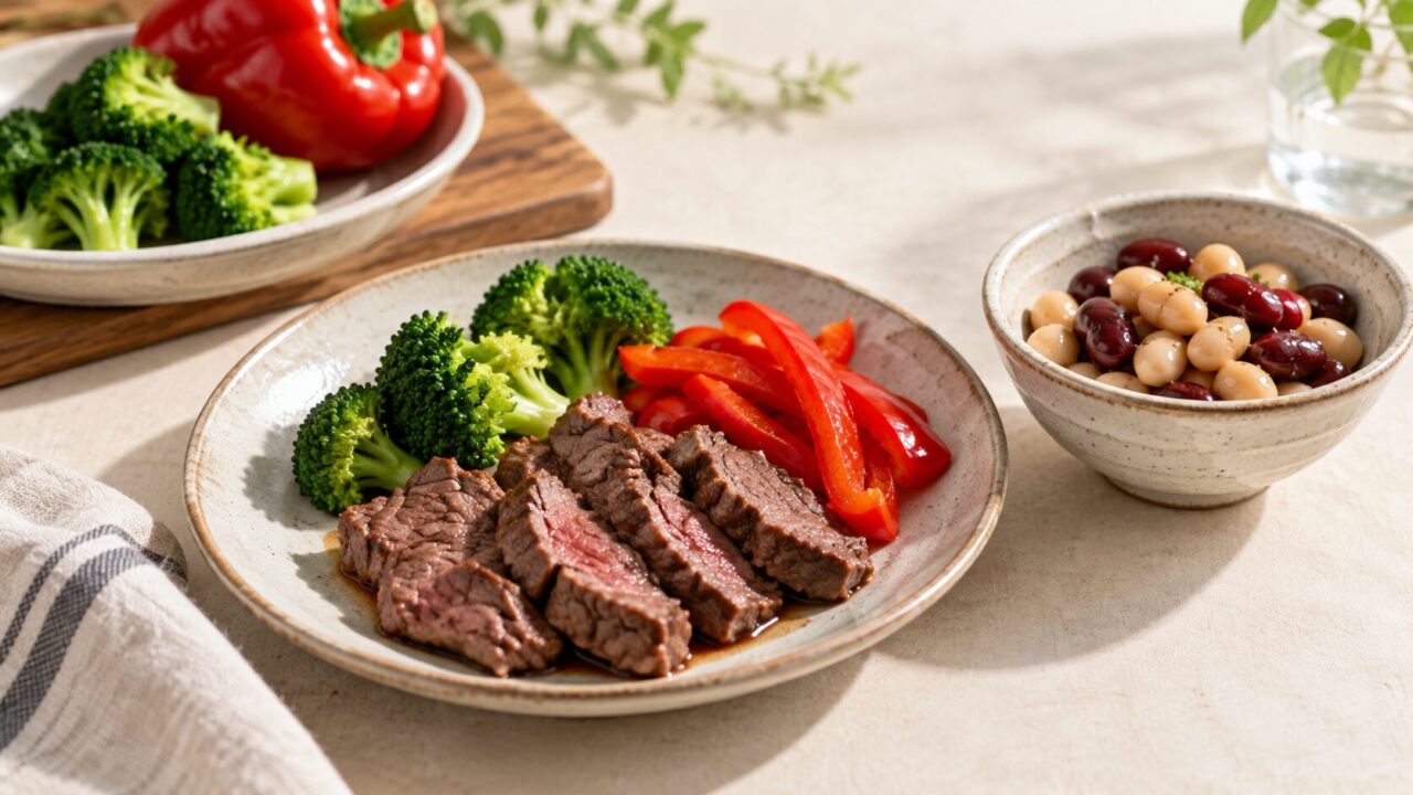 牛肉、豆、ブロッコリー、赤パプリカを並べた食卓のイメージ