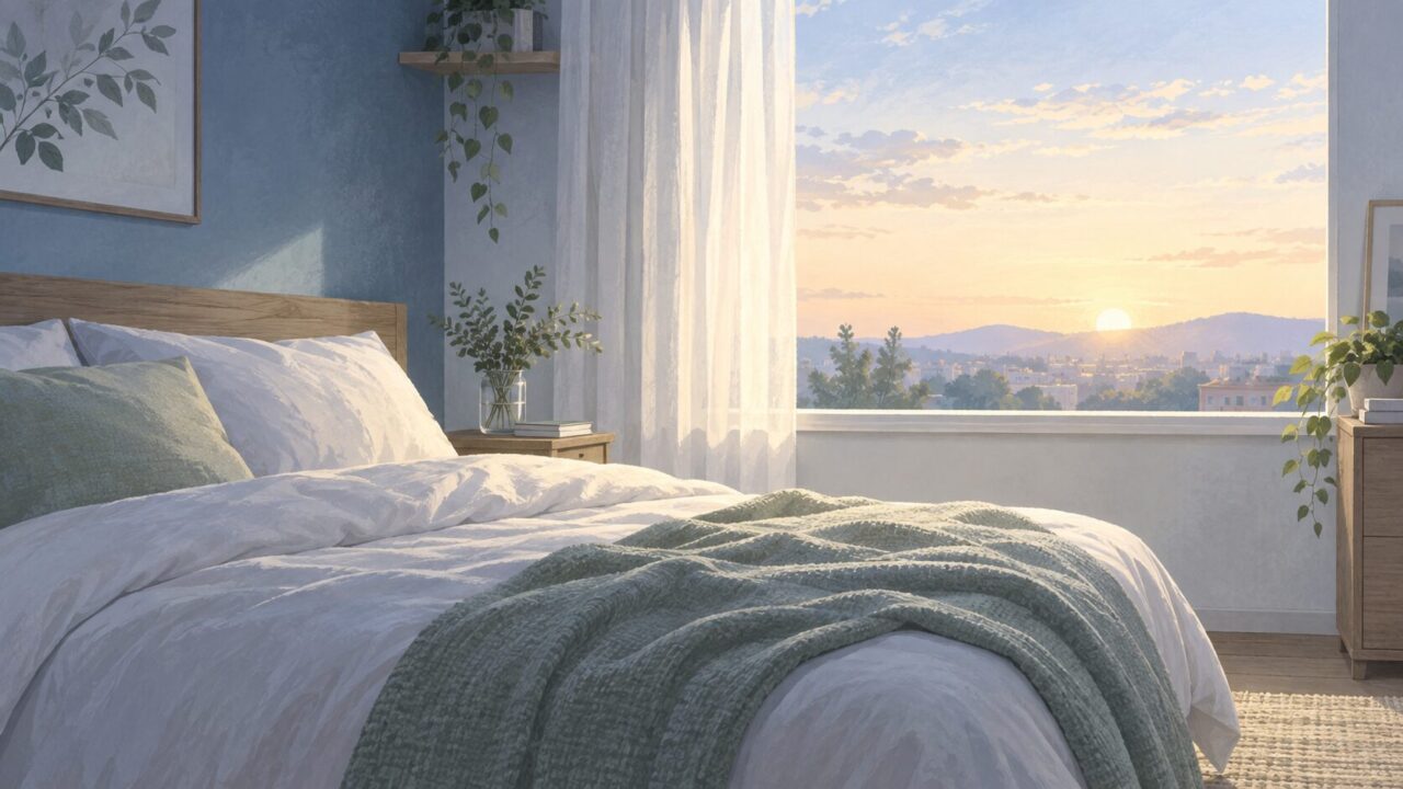 朝の光が差し込む静かな寝室のイラスト